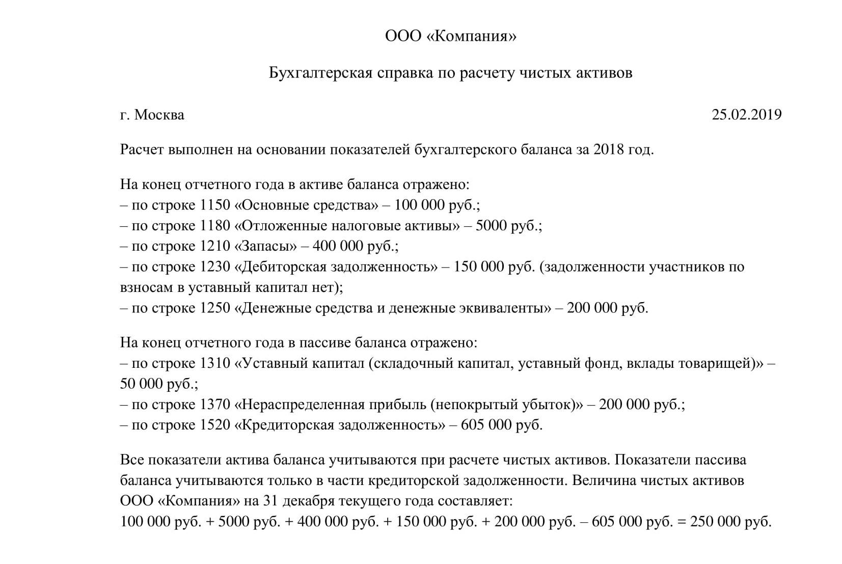 Справка расчет чистых активов образец бланк